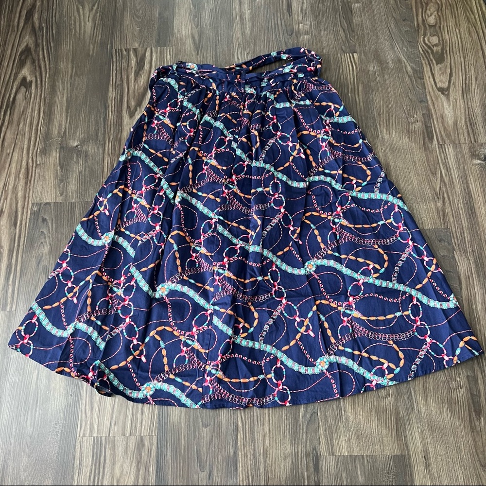Umgee Blue Geometric Print Button Front Paper Bag Waist Knee Length Skirt - Picture 3 of 13